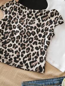 3pcs/Set Tween Girls Vacation Snug Fit Off Shoulder Multicolor T-Shirts - Black and White - View 3