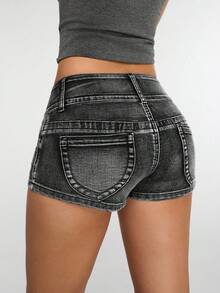 Jeanoix 女士纯色街头风低腰口袋休闲牛仔短裤 - 黑色 - 查看 2