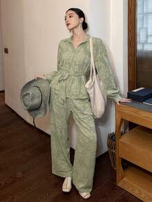 DAZY Women's Casual Floral Print Belted Shirt And Wide Leg Pants 2-Piece Set, Spring/Summer - Green - View 7