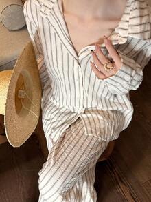 DAZY Women's Striped Single-Breasted Long Sleeve Top And Wide-Leg Pants Casual 2 Pieces Set - Apricot - View 8