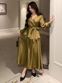 Dazy Kids 2件套春季高端连体上衣+高腰喇叭裙衬衫套装，适合少女 - 芥末黃 - 查看 3