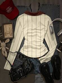 Attitoon Women's Letter & Stripe Print Long Sleeve Casual T-Shirt - White - View 2