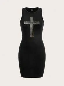 Attitoon 复古风亮片十字印花无袖紧身连衣裙，休闲街头风，适合春夏穿着，性感、可爱、Y2K、椰子女孩、波西米亚风、嬉皮风，适合音乐节等场合，夏季皆宜。 - 黑色 - 查看 3