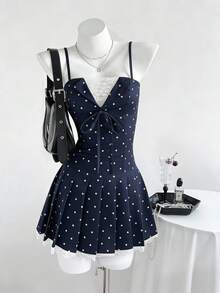 Elamini 女士波点印花前系带休闲连衣裙 - 藏蓝色 - 查看 7