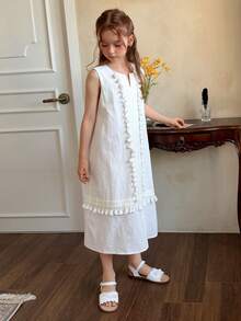 DAZY Girls' Korean Style Fringe Patchwork V-Neck Casual Dress, Fall - White - View 6