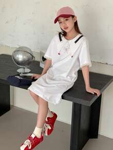 DAZY Vestido casual de estilo colegial con cuello puntiagudo, manga corta, estampado de lazos y contraste de colores para niña preadolescente en verano - Blanco - Ver 2