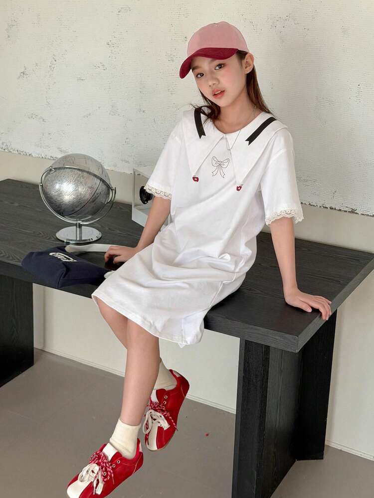 Tween Girl Bow Print Contrast Color Pointed Collar Short Sleeve Casual Preppy Style Dress Summer