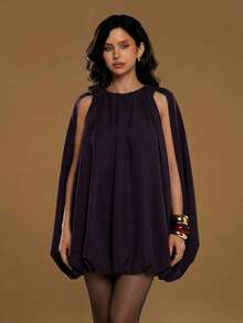 Aloruh 女士休闲优雅紫色雪纺迷你裙，蓬松迷你裙，迷人小连衣裙 - 中紫紅色 - 查看 4