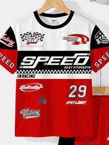 SHEIN Young Boy Casual Simple T-Shirt Set, Classic Cool Sporty Racing Culture Graphic Print, Suitable For Spring/Summer - Multicolor - View 3