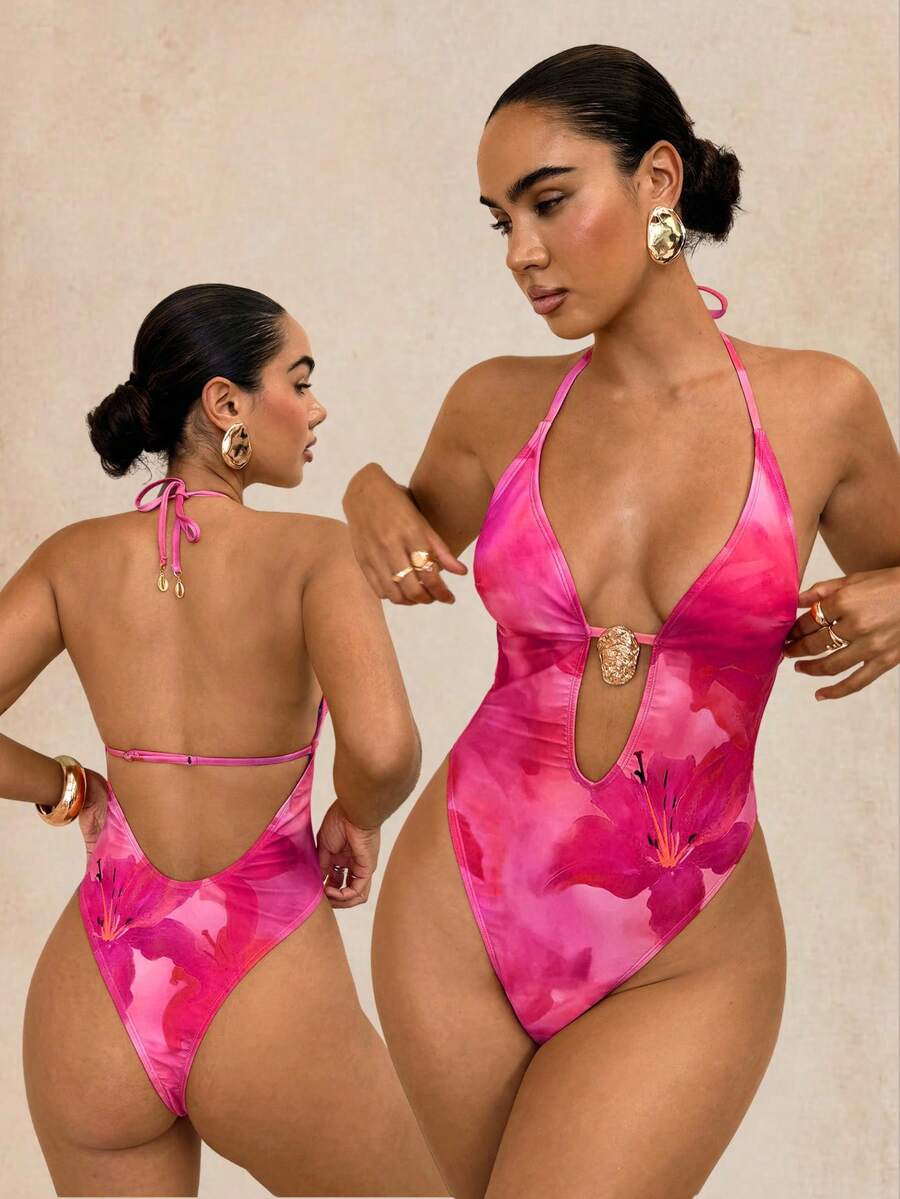 Swim Glamine Áo tắm liền thân DivaQ Bohemian Sexy in họa tiết hoa dâm bụt, hở lưng, cổ yếm - Hồng - Xem 1