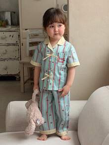 Dazy Kids Bộ đồ ngủ dài tay cổ sọc cho bé gái sơ sinh/trẻ nhỏ - Màu xanh lam - Xem 3
