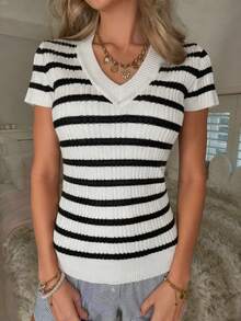CovetEZ Women's V-Neck Striped Casual Versatile Daily Wear Knit Short Sleeve Top 2026 New Summer Sweet And Casual Striped Caneluri Short-Sleeve Slim V-Neck Knit Top, Summer Women's Short Sleeve Tops Women's Tops For Summer - Black and White - View 4