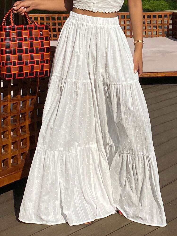 Women's Solid Color Textured Elastic Waist Wide Leg Pants, Elegant Resort Wear, Spring/Autumn