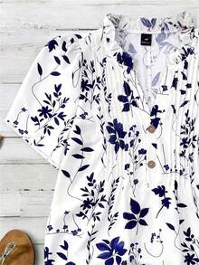 Franclia Chic Plus Size White Woven Fabric Blouse With Random Print Notched Neck And Ruffle Details Half Puff Sleeve Top - White - View 4