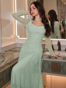 Modelyn Apricot Lace Ruffle Long Sleeve Mesh Patchwork Tie Back Elegant Mid-Length Dress For Women - Green - View 4