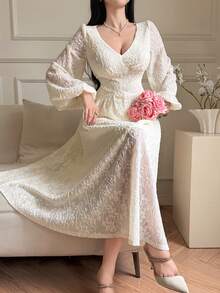 DAZY Vestido de mujer de longitud media con mangas de farol y estampado jacquard de unicolor elegante, vestidos de sol para mujeres - Blanco - Ver 5