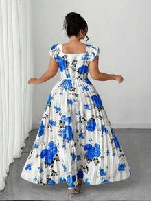Elenzga Plus Size Women's Vintage French Style Versatile Vacation Date Ruched Waist Slimming Floral Print Ruffle Sleeve Square Neck Maxi Dress - Blue and White - View 2
