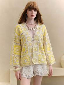 Arave 女士深V领时尚百搭长袖开衫，适合日常穿着 - 淡黃色 - 查看 4