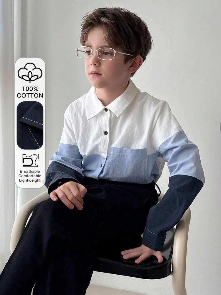 Tween Boy Contrast Color Long Sleeve Single-Breasted Casual Pocket Shirt