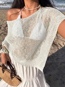 Sunnyshic Women's Green Hollow-Out Minimalist Sheer Casual Vacation Style Knit Cover Up Cover Up, Summer - White - View 5