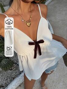 DAZY Áo hai dây kiểu dáng thoải mái, phối màu tương phản với nơ thắt cổ, thích hợp cho kỳ nghỉ hè, dành cho nữ. - trắng - Xem 1