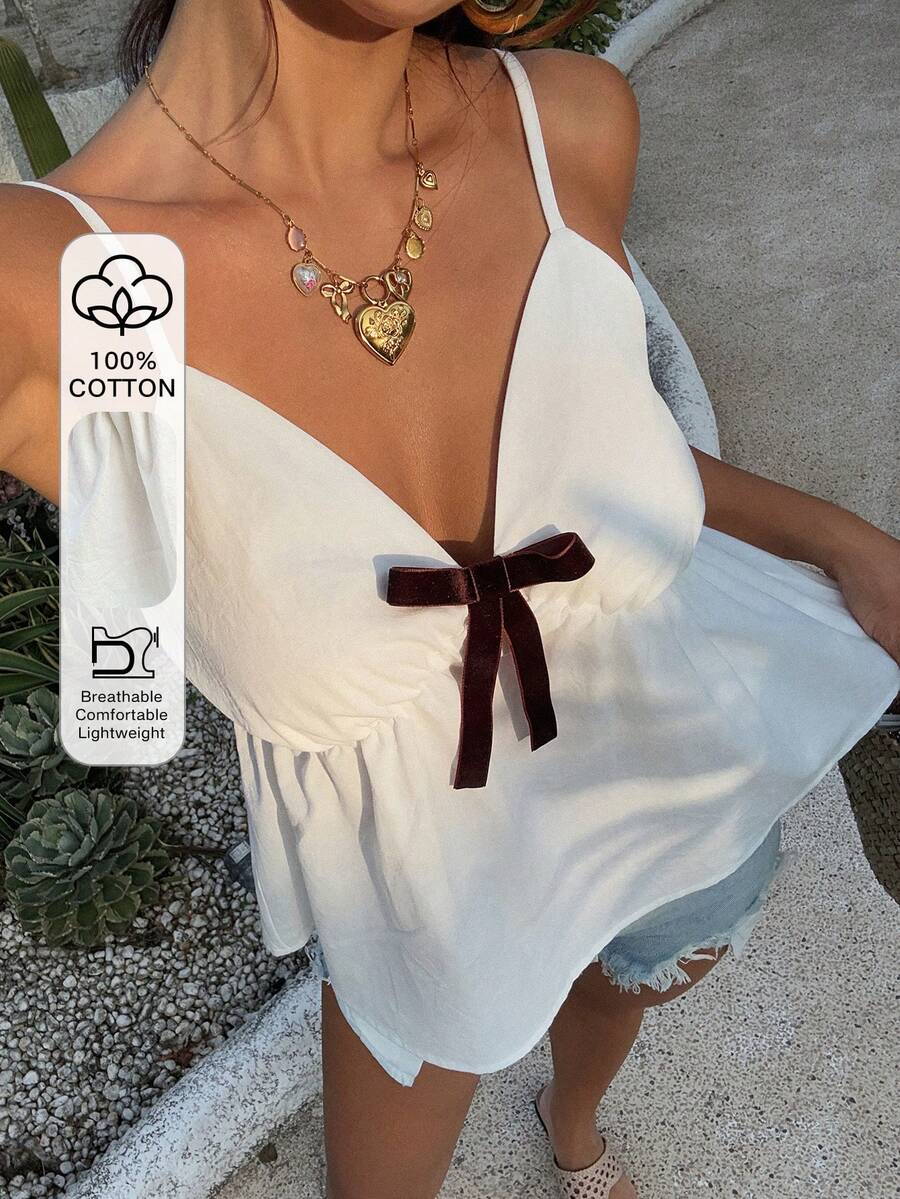 DAZY Áo hai dây kiểu dáng thoải mái, phối màu tương phản với nơ thắt cổ, thích hợp cho kỳ nghỉ hè, dành cho nữ. - trắng - Xem 1