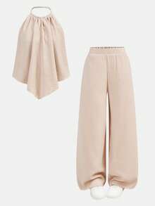 SHEIN 2pcs/Set Teen Girls Loose Halter Neck Tank Top + Long Pants Suit, Casual, Fashionable, Versatile, Suitable For Party, Outing, Sister Photo Shoot, Park, Camping, Vacation, Daily Leisure - Apricot - View 12