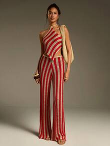 Athîral Women's Striped Hollow Asymmetric Hem Halter Neck Knit Top - Multicolor - View 5