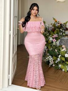 FleurLily Vestido maxi ajustado elegante con hombros descubiertos, volantes en el bajo y encaje para uso diario en tallas grandes - Rosa - Ver 6