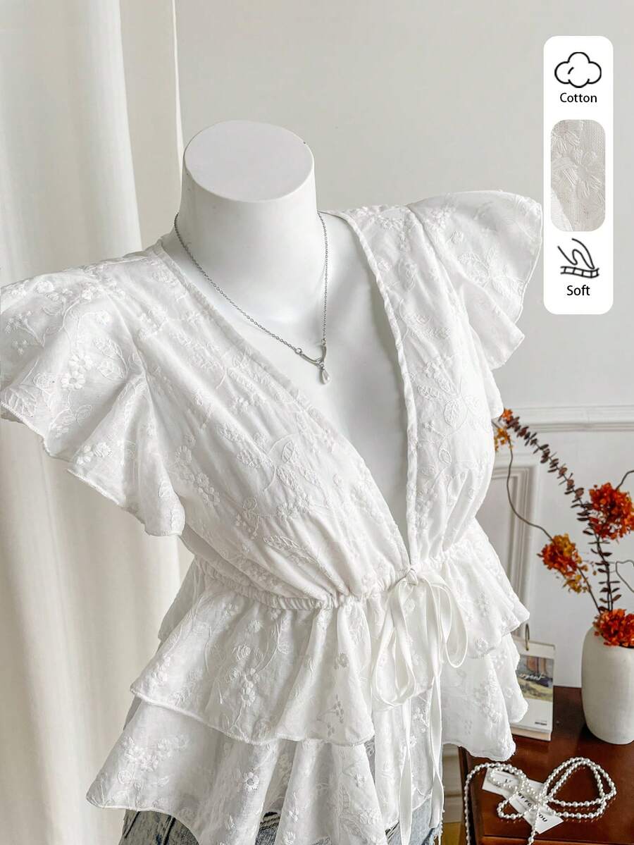 Elamini Sweet Romantic Pure Mori Girl Cute Casual Vacation Home Date Street School Party Ruffle Trim V-Neck Embroidered A-Line Cotton Blouse Top, Spring/Summer - White - View 1
