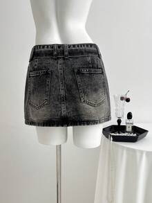 Elamini Falda vaquera de cintura baja con ojales metálicos de moda - Gris Oscuro - Ver 2