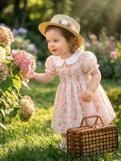 Souflis Souflis Baby Girls' Summer Cute Classic Woven Pink Striped Dress, White Peter Pan Collar Contrast Color, Front Pleated Design, Delicate 3D Bow Decor, Suitable For Casual, Holiday, Outdoor Wear Vintage Clothes For Girls Peter Pan Collar Baby Dress French Baby Girl Dress