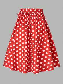 SHEIN Clasi 波尔卡圆点印花束带喇叭裙，适合新年服装 - 紅色 - 查看 3
