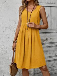 EMERY ROSE 女士休闲印花褶皱无袖连衣裙，夏季 - 黃色 - 查看 6