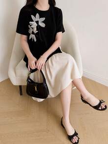 Teenage Girls' Casual Korean Style Elegant Short Sleeve Round Neck Colorblock Floral Patchwork Loose Maxi Knit Dress, Spring/Summer - Black - View 4