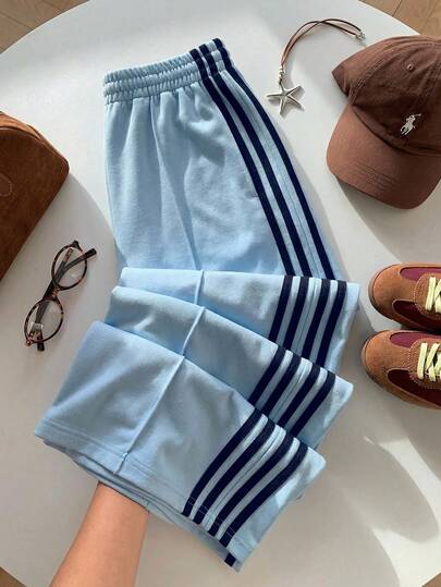 Comfortcana Women's Casual Commuting & School Sports Elastic Waist Blue Contrast Striped Side Loose Wide Leg Sweatpants