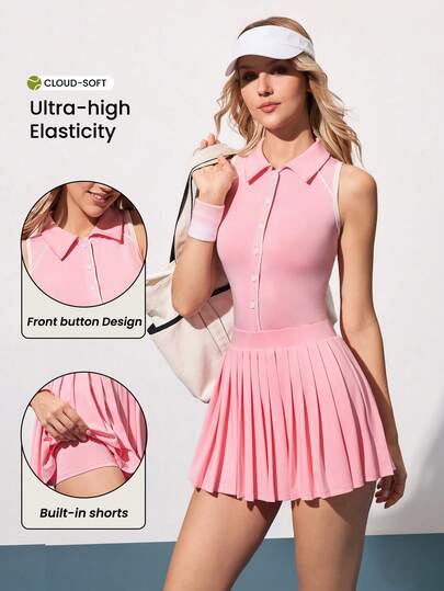 CourtClass Women's Collared Button Pleated Casual Daily Outdoor Sports Tennis Dress