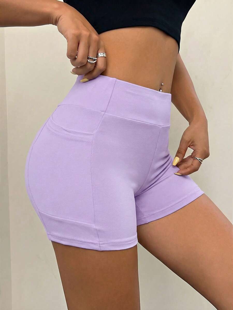 SHEIN EZwear Women's Solid Color Casual Versatile Daily Wear Skinny Shorts - Purple - View 1