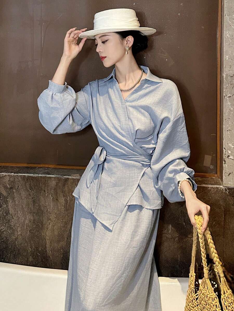 DAZY 女士休闲系带衬衫和裙子两件套，春夏款 - 藍色 - 查看 1