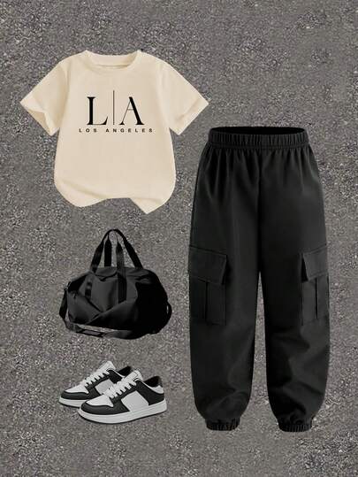 Young Boy California Striped Graphic Tee And Cargo Pants Set, Fashionable Casual Outfit For Parties, Festivals, Spring/Summer