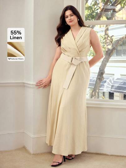 MOTF PREMIUM เดรสพลัสไซส์สำหรับผู้หญิง, คอปก, แขนกุด, รัดเอว, มีเข็มขัด, ทรงบาน, คอลเลกชันฤดูใบไม้ผลิ/ฤดูร้อน