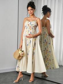 Momance 优雅印花孕妇吊带连衣裙 - 杏色 - 查看 3