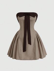 Sweetra 大码女士无肩带复古格子紧身连衣裙 - 棕色 - 查看 1