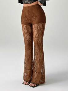 SHEIN PETITE Women's High Waist Flare Lace Knit Vacation Pants - Brown - View 5