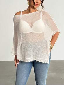 Firerie Plus Size Casual White Summer Boho Silky Beach Holiday Asymmetric Sheer Knit Top,See Through Mesh Off Shoulder Tops For Women Vacation Fall/Winter - Apricot - View 3