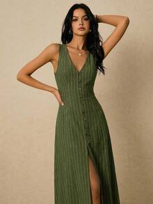 Poéselle 女士条纹单排扣V领无袖休闲连衣裙 - 軍綠色 - 查看 5