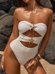 Opulessa 女士镂空海星装饰抹胸连体泳衣，适合海滩度假 - 杏色 - 查看 7