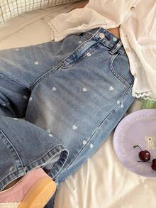 DAZY Jeans de pierna ancha para uso diario versátil y casual con bolsillo, botón y estampado de corazón para niñas preadolescentes - Lavado ligero - Ver 9