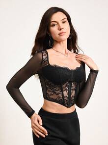 Hourtrue One-Piece Mesh See-Through Sexy Lace Minimalist Sexy Hot Girl Long-Sleeved Outer Wear Cute Inner Top - Black - View 5