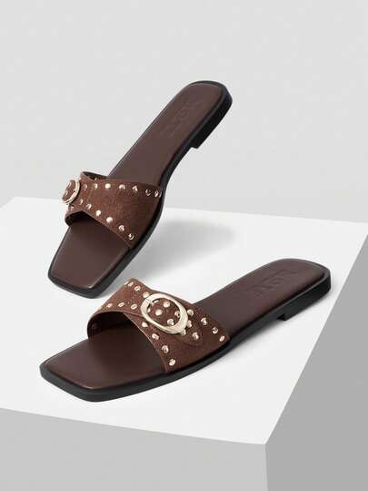 MOTF WOMEN'S SOLID COLOR SQUARE TOE RIVET DECOR FLAT SANDALS